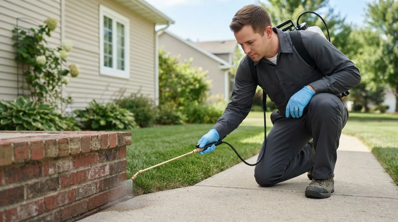 Pest control technician treating a home near Huntley, MT