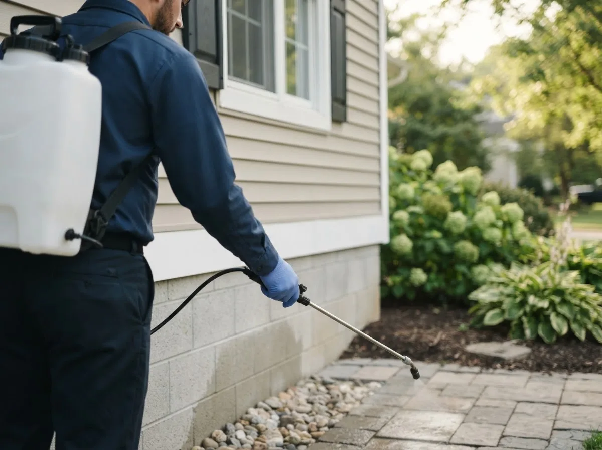 Pest control technician inspecting a home in Huntley, MT